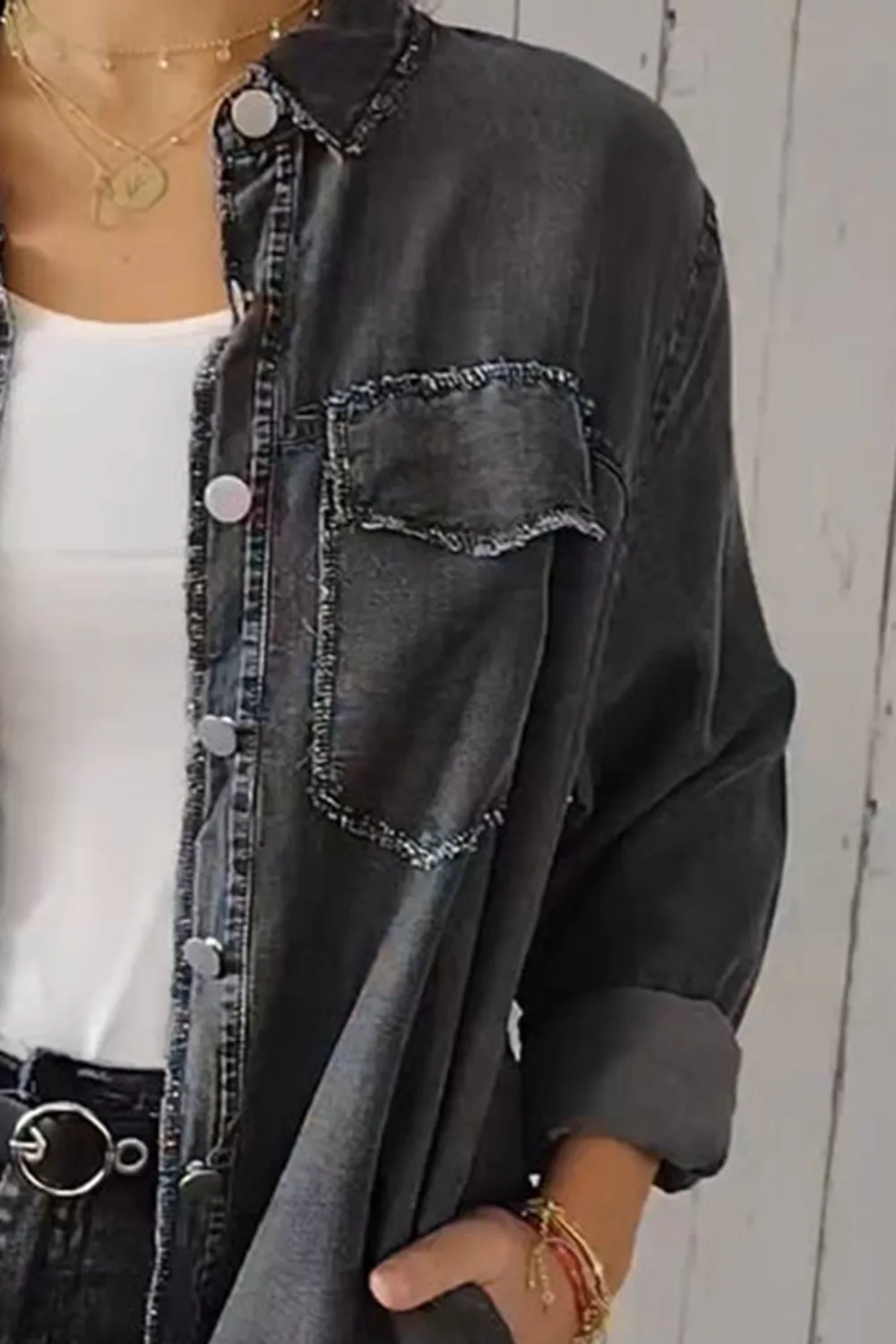 Full Size Pocketed Button Up Long Sleeve Denim Jacket, image 8