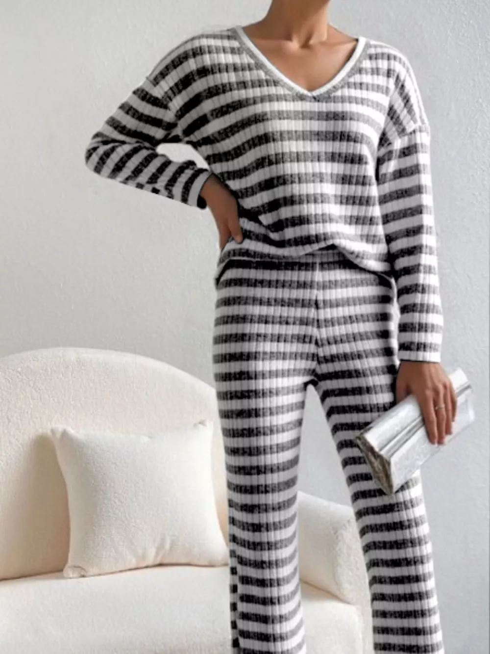 Striped Ribbed Knit Top and Pants Set, image 2