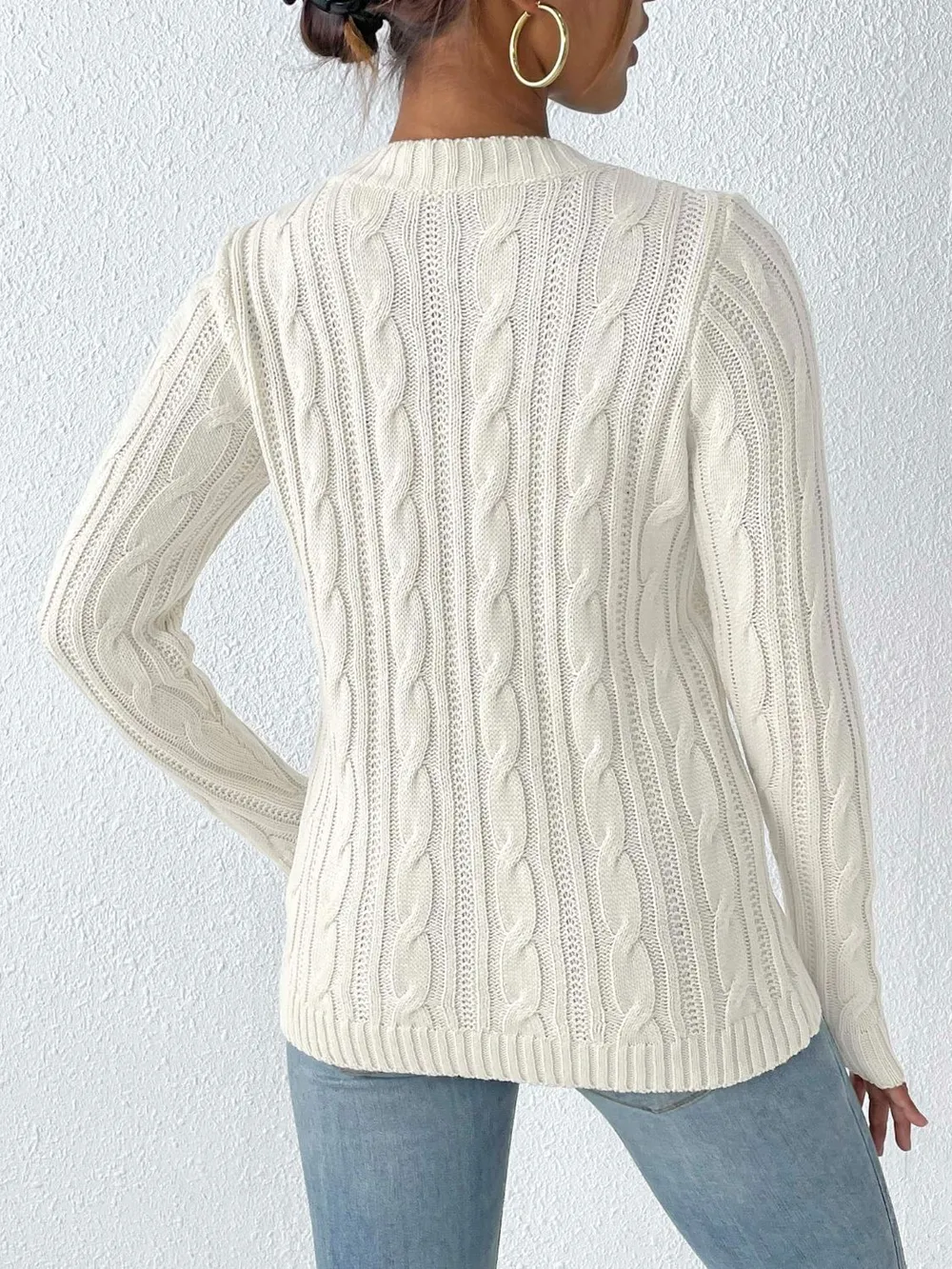 Cable-Knit Heart Round Neck Long Sleeve Sweater, image 8