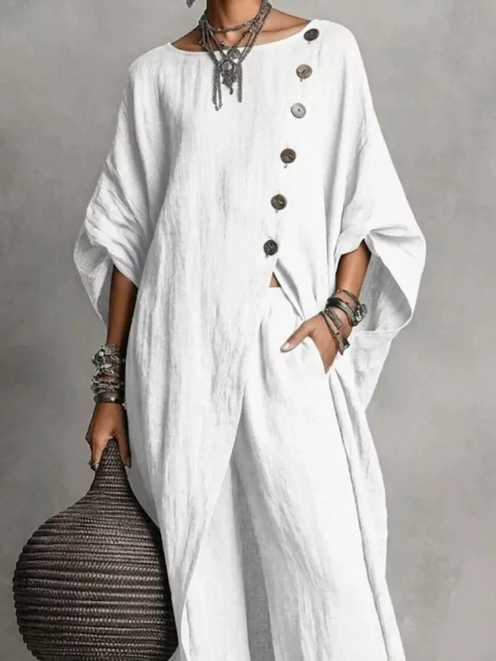 Full Size Asymmetric Button-Down Top and Wide-Leg Pants Set Plus Size, image 2