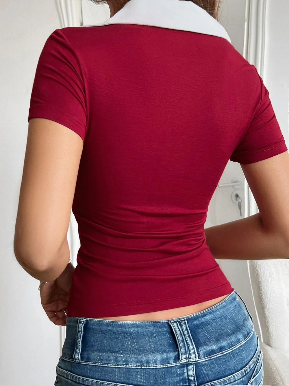 Contrast Trim Johnny Collar Short Sleeve T-Shirt, image 10