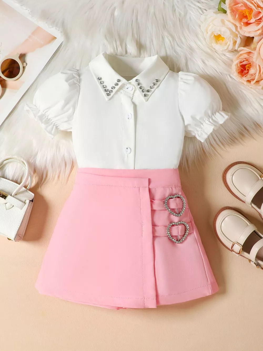 Children’s Rhinestone Collar Blouse & Heart Buckle Skirt Set, image 2