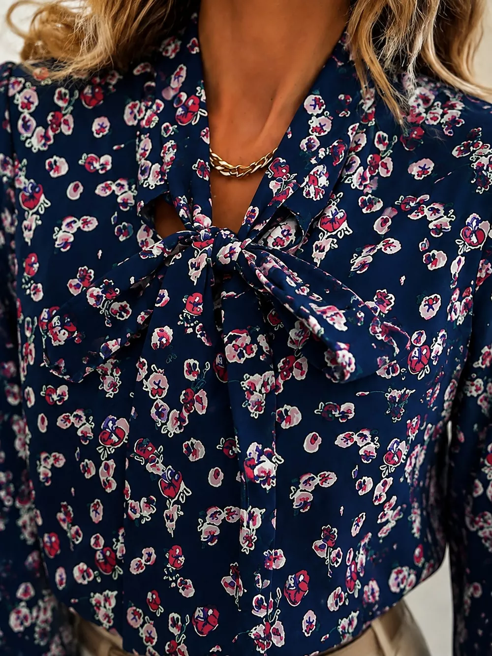 Printed Bow-Tie Neck Long Sleeve Blouse, image 13