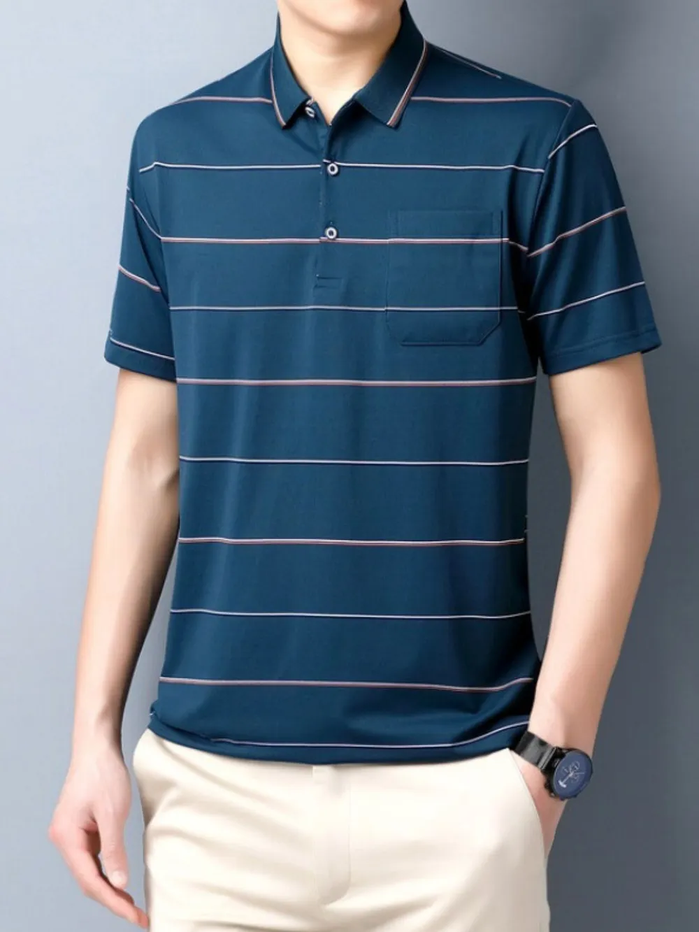Men's Plus Size Striped Collared Neck Short Sleeve Polo, image 2