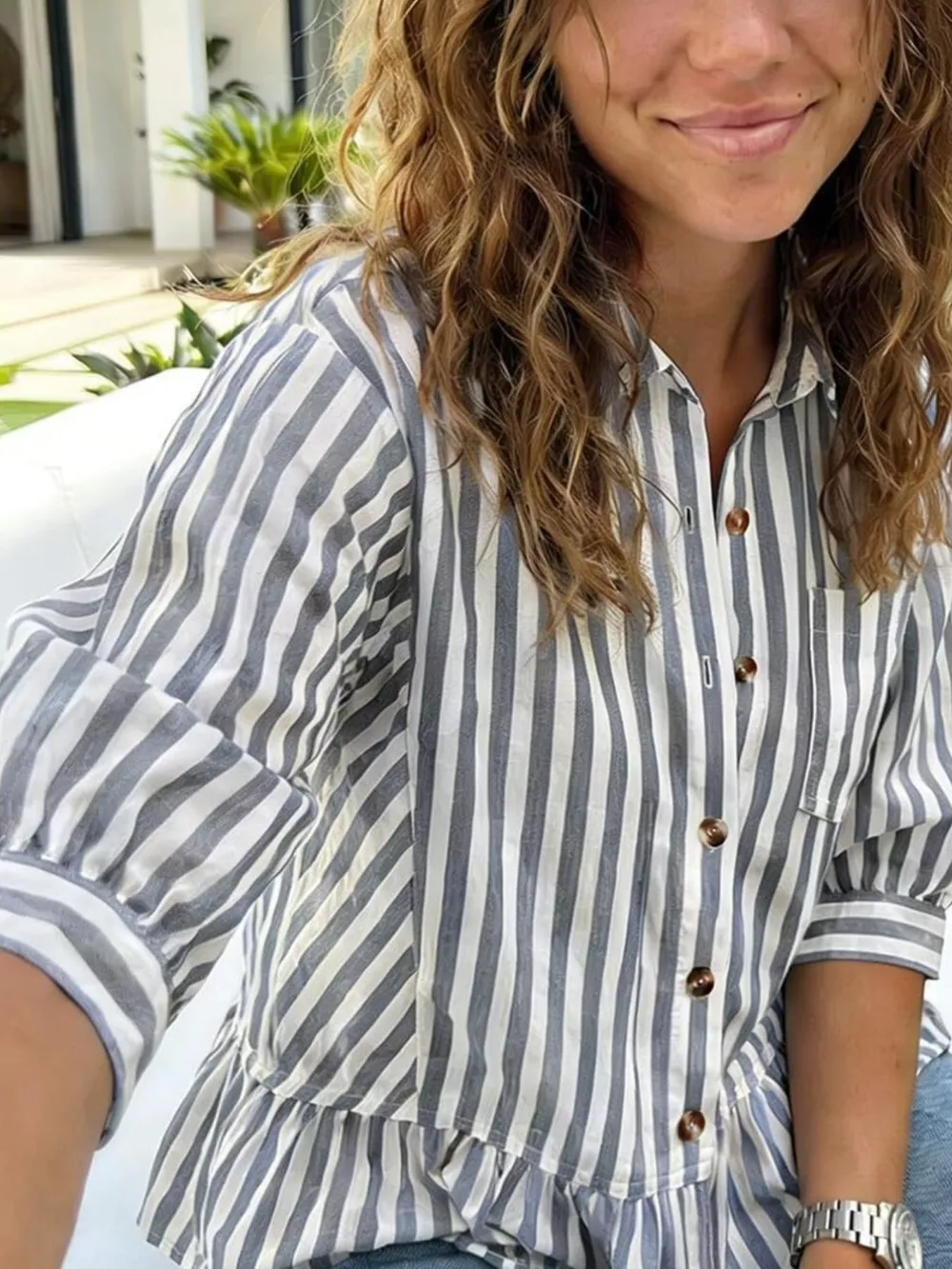 Striped Ruffle Hem Button-Down Shirt, image 11