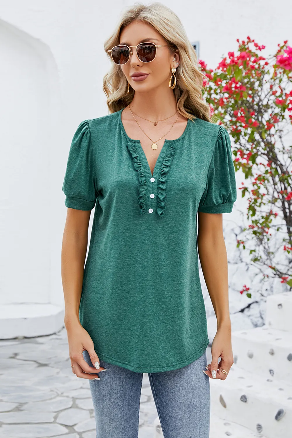Frill Notched Short Sleeve Blouse, image 10
