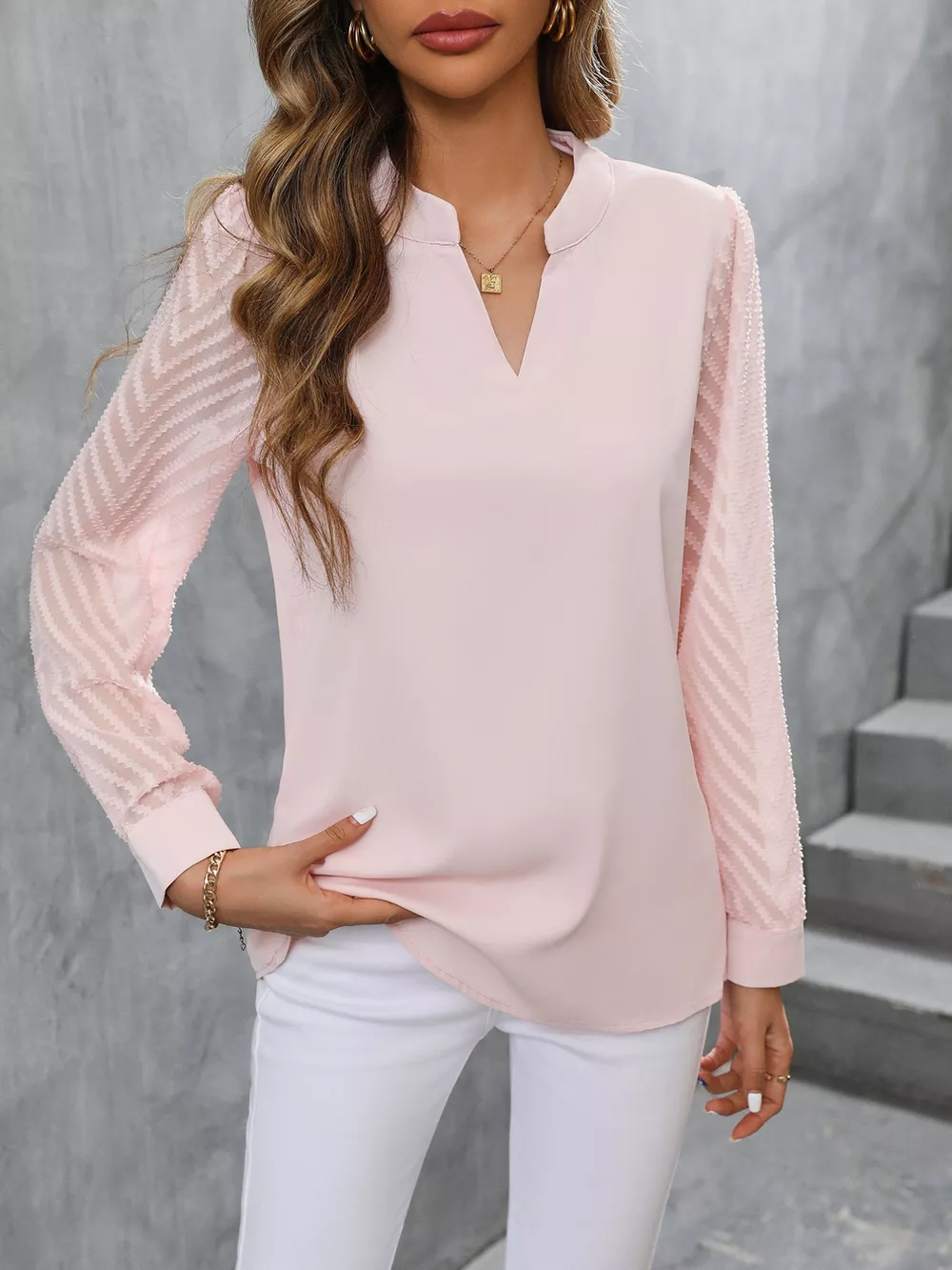 Sheer Sleeve V-Neck Blouse, image 10