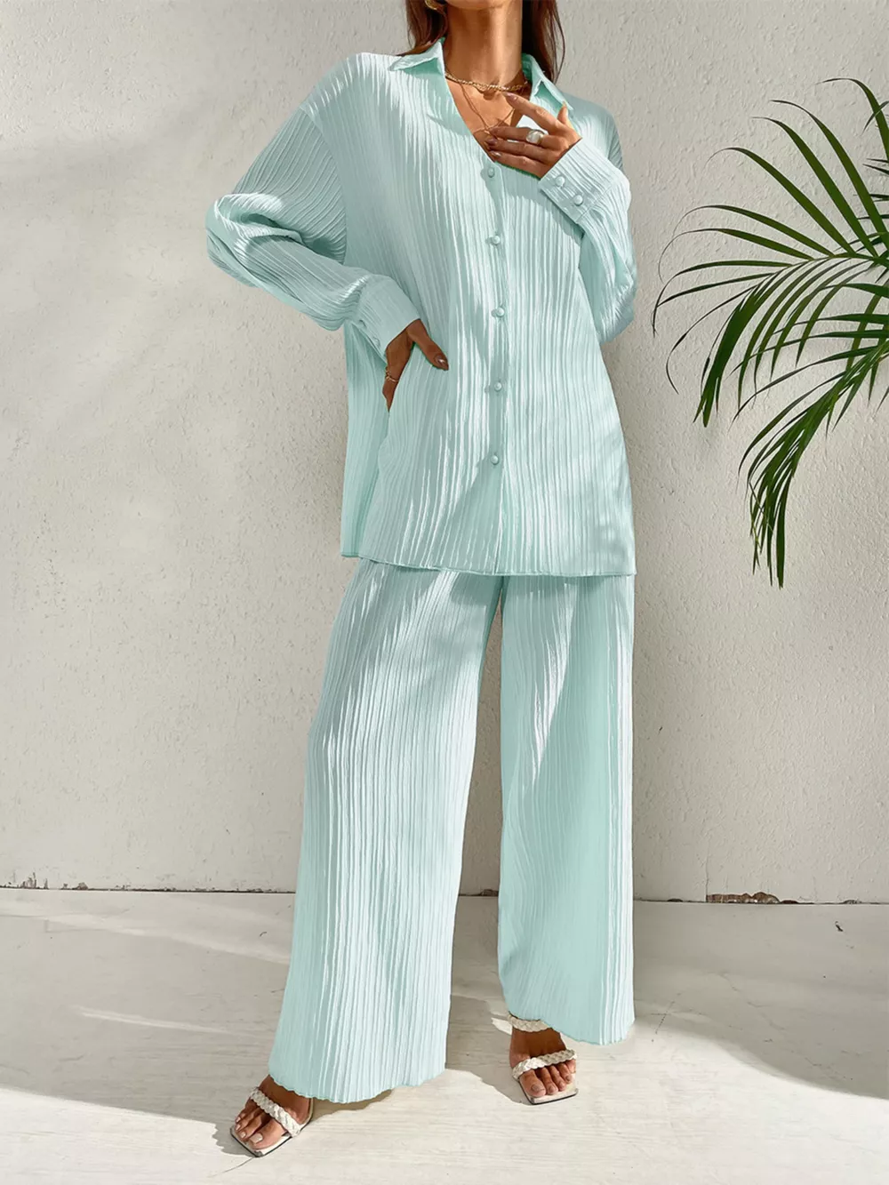 Long Sleeve Shirt & Wide Leg Pants Set, image 9