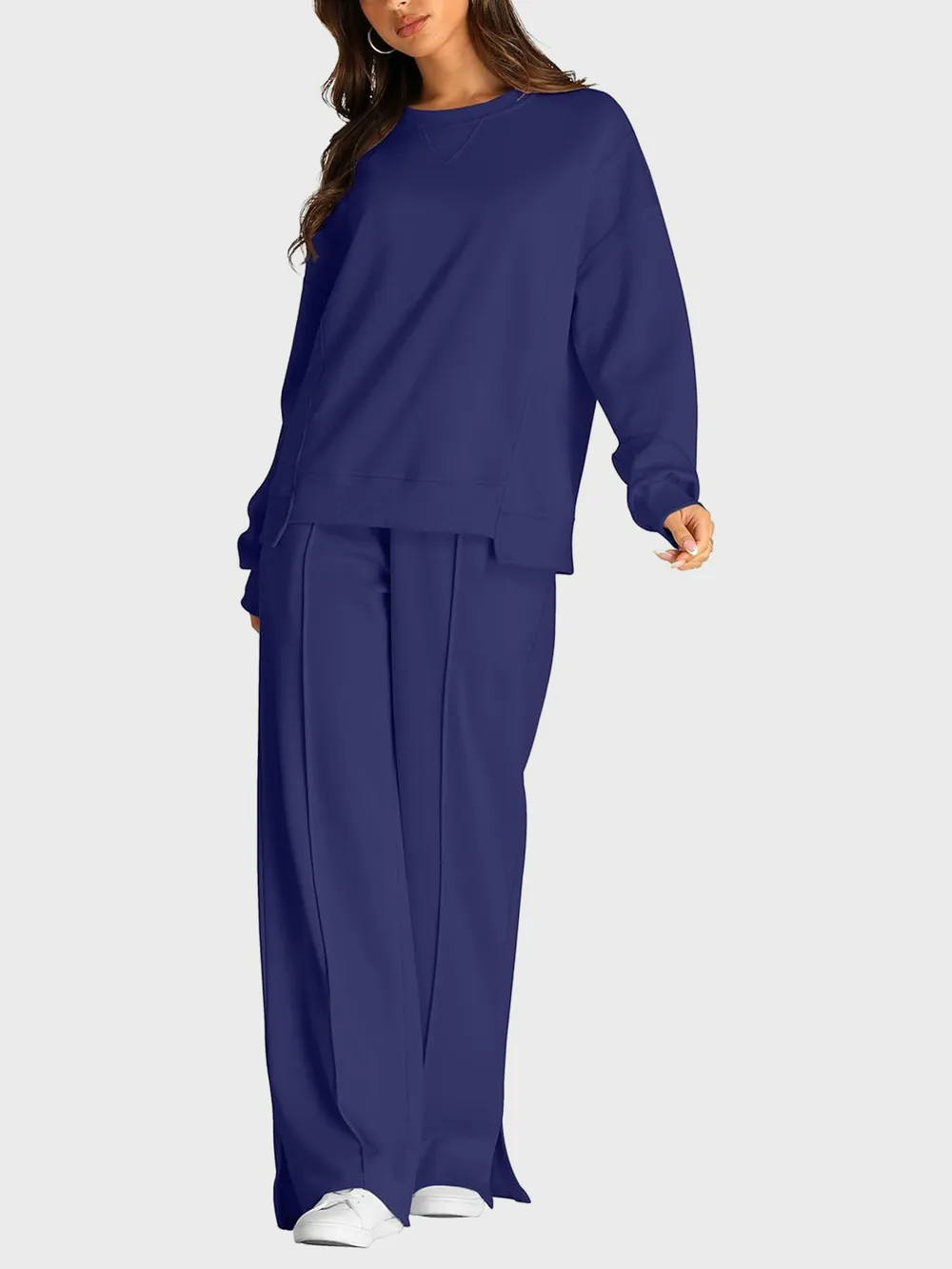 Round Neck Long Sleeve Top and Slit Pants Set, image 13