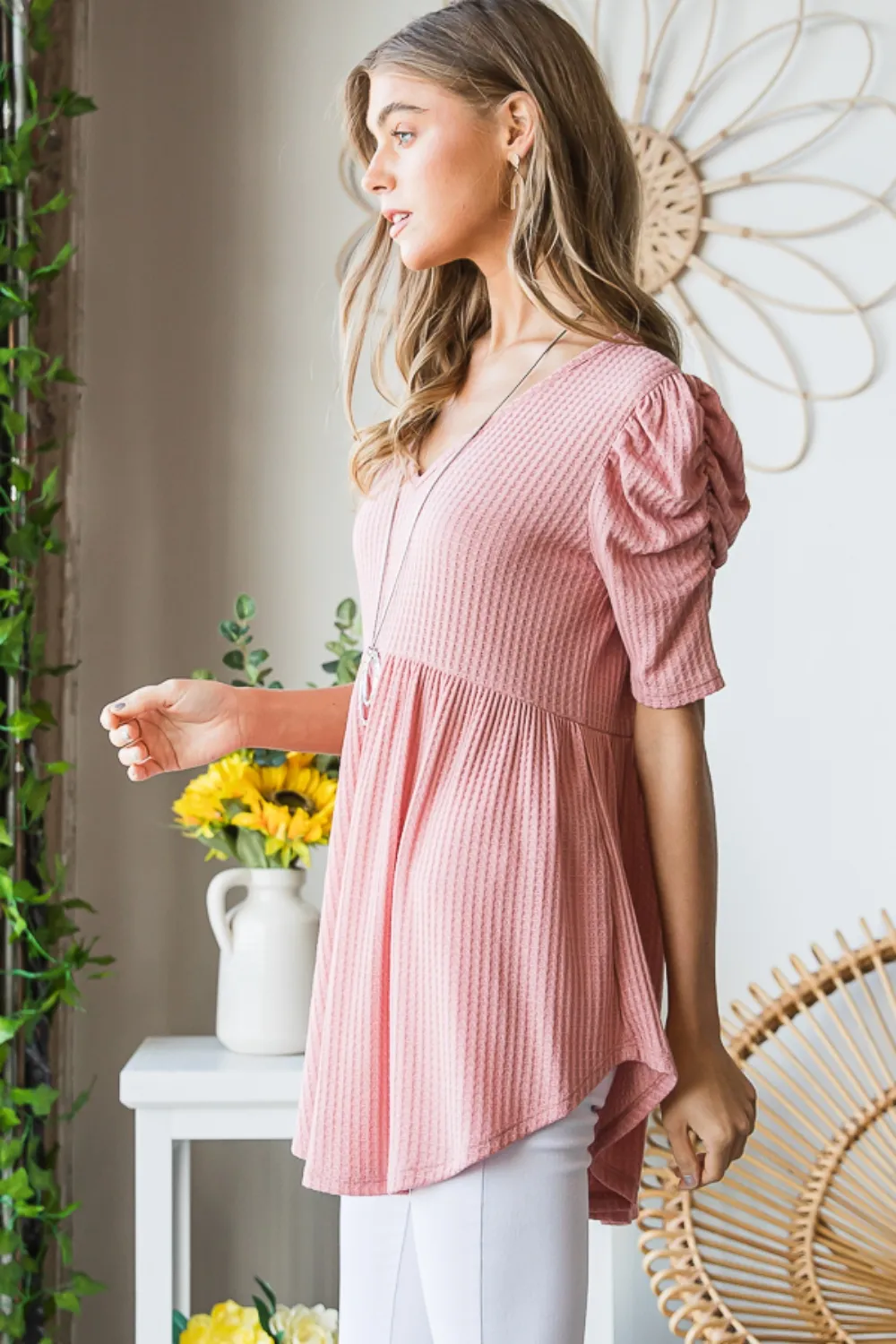 Full Size Waffle Knit V-Neck Babydoll Top, image 8