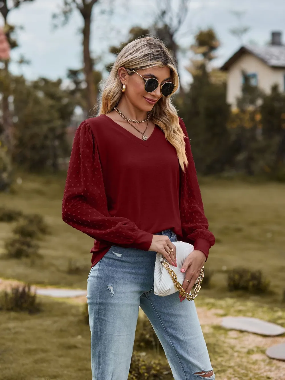 Swiss Dot V-Neck Long Sleeve Blouse, image 12