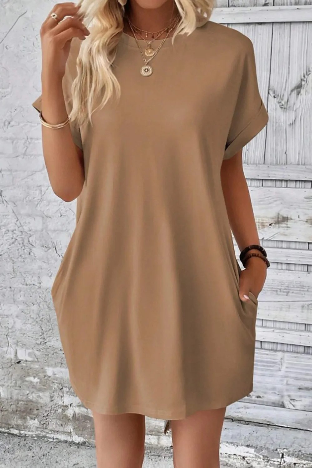 Pocketed Round Neck Short Sleeve Dress, image 18