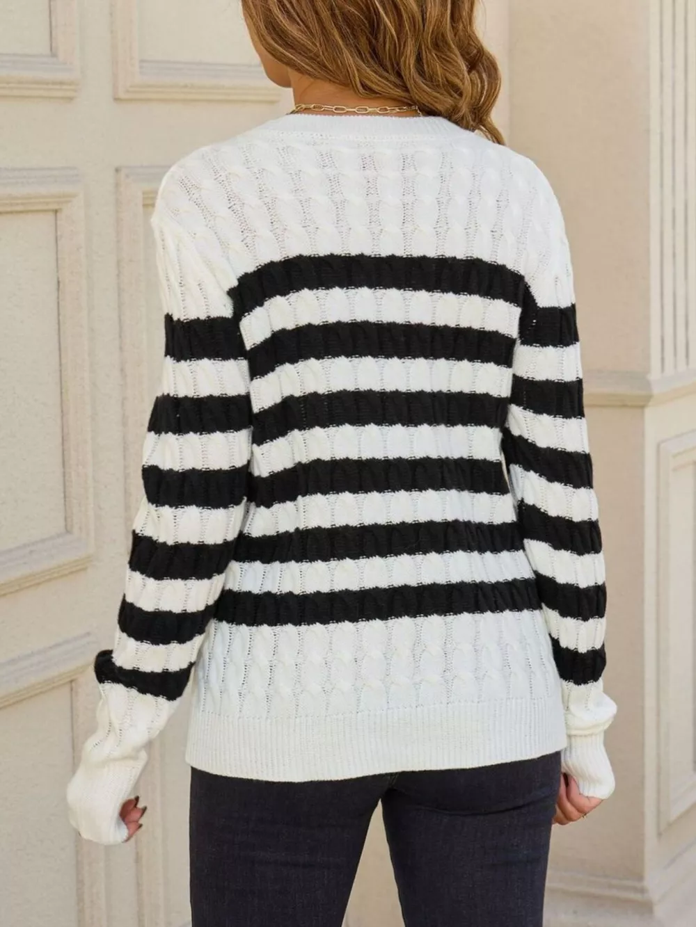 Striped Cable Knit Round Neck Sweater, image 6