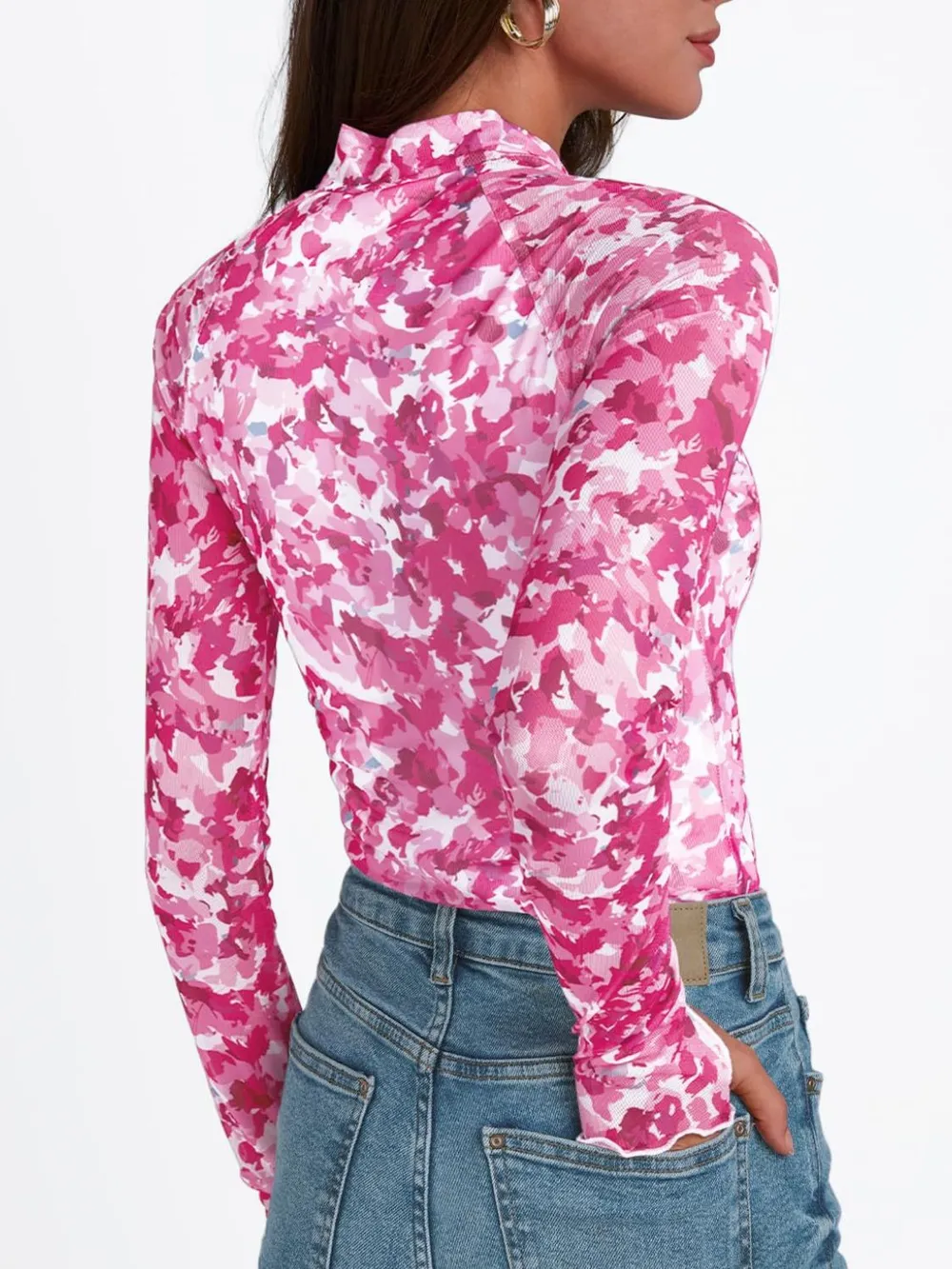 Floral Mock Neck Long Sleeve T-Shirt, image 18
