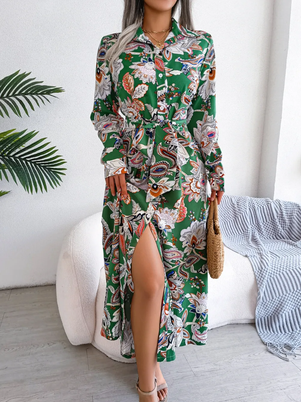 Tied Printed Long Sleeve Midi Dress, image 16