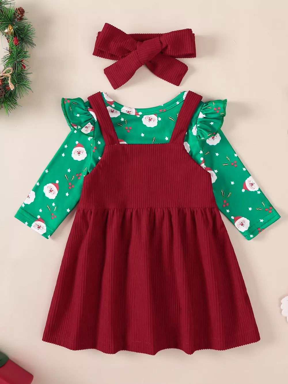 Children's Christmas Bodysuit and Overall Dress Set with Headband, image 11
