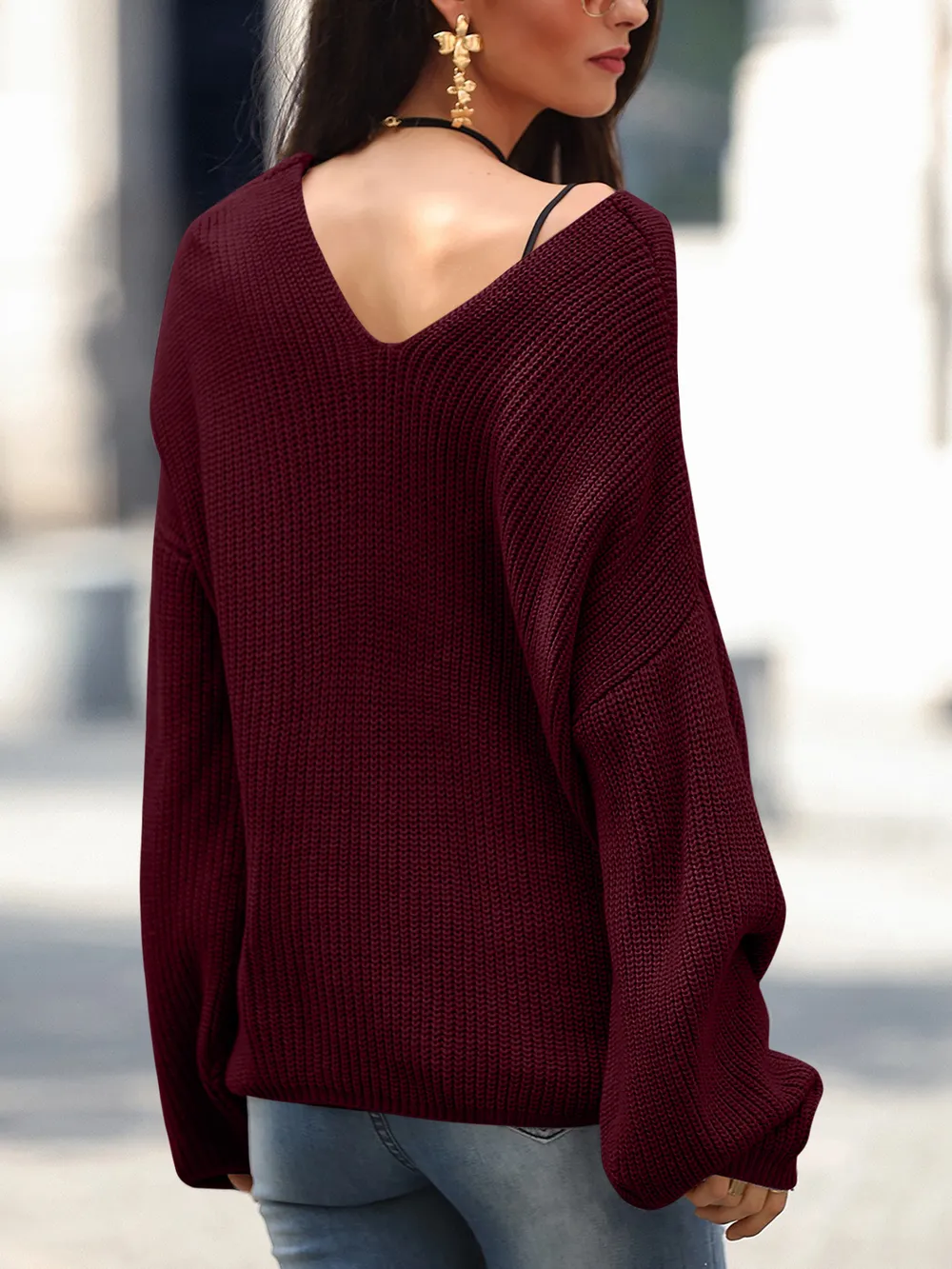 Full Size Lace Up V-Neck Long Sleeve Sweater, image 19
