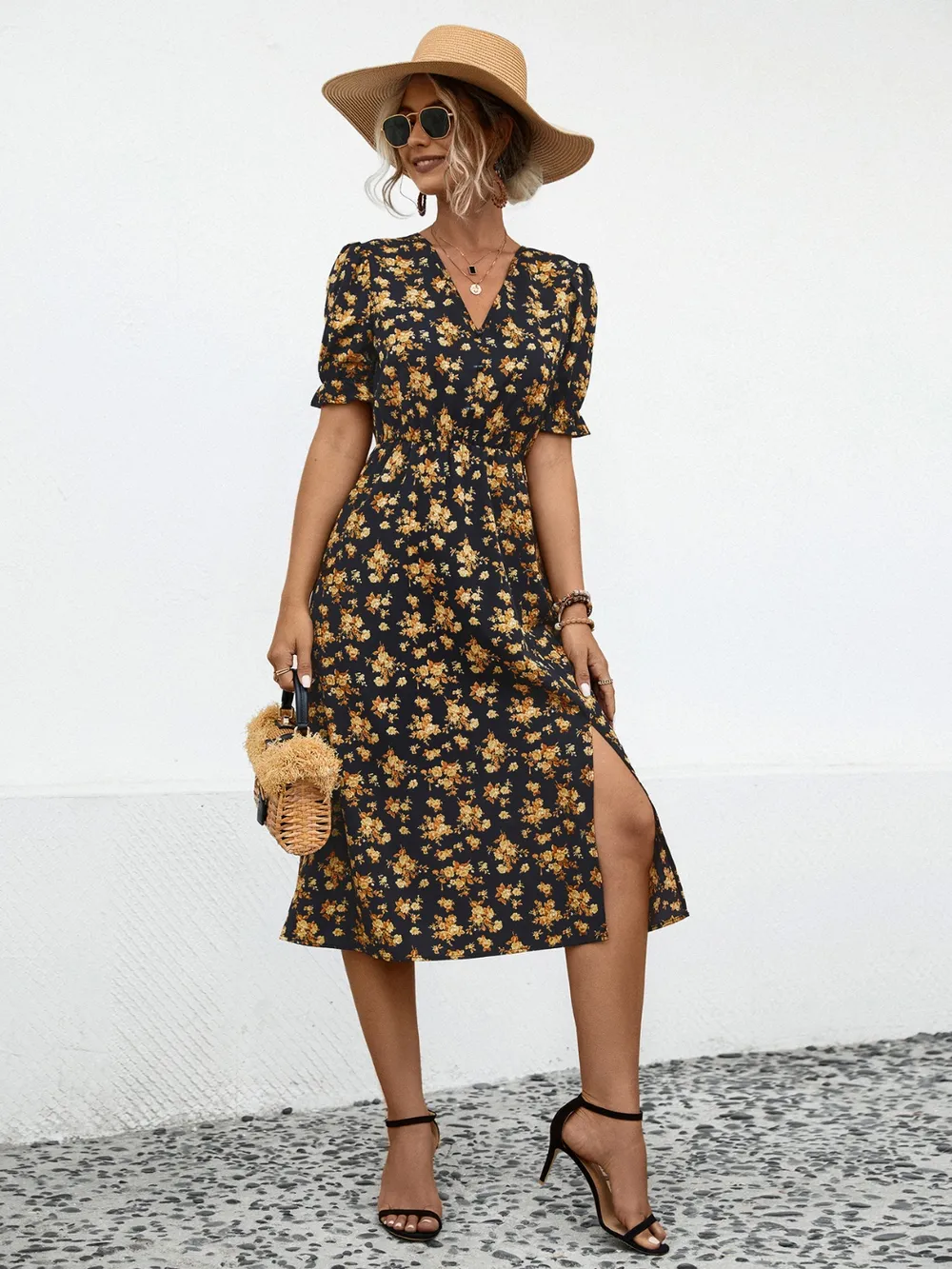 Slit Printed V-Neck Short Sleeve Dress, image 6