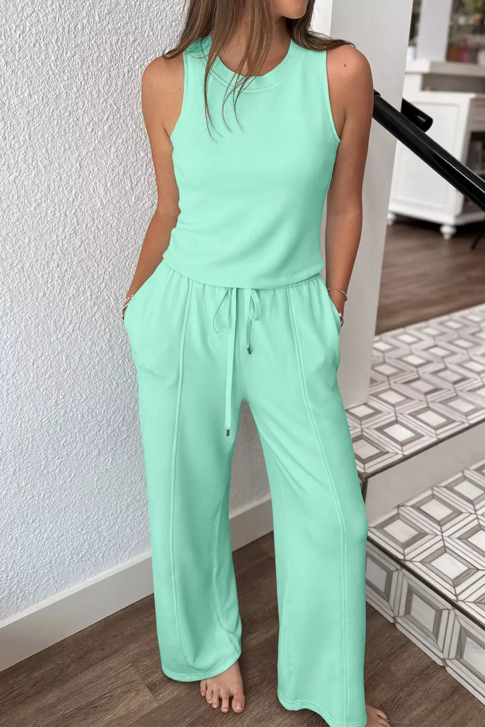 Drawstring Elastic Waistband Solid Color Two Piece Casual Set