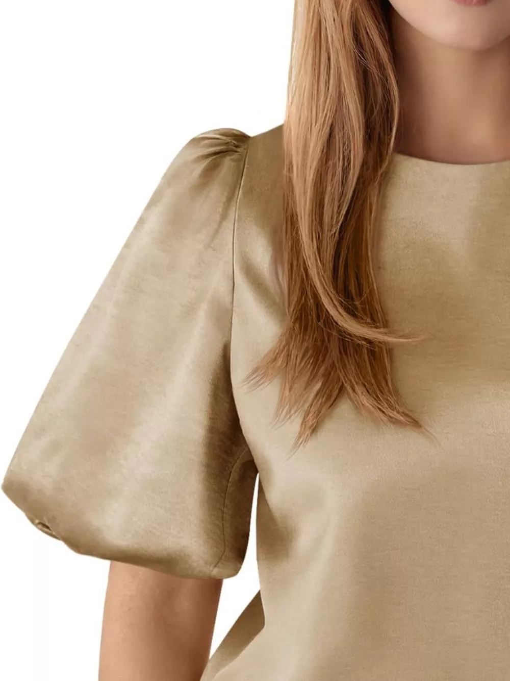Round Neck Puff Sleeve Satin Top, image 2