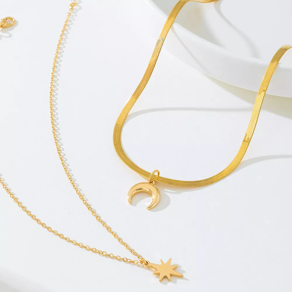 2 Piece 18K Gold-Plated Moon & Star Necklace, image 2
