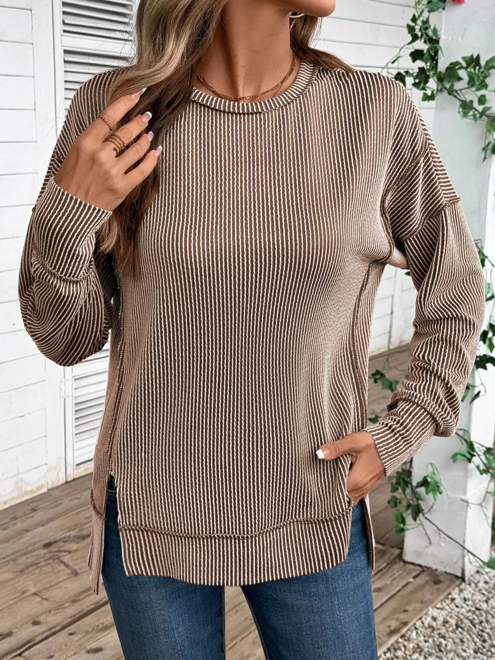 Side Slit Round Neck Sweatshirt, image 15