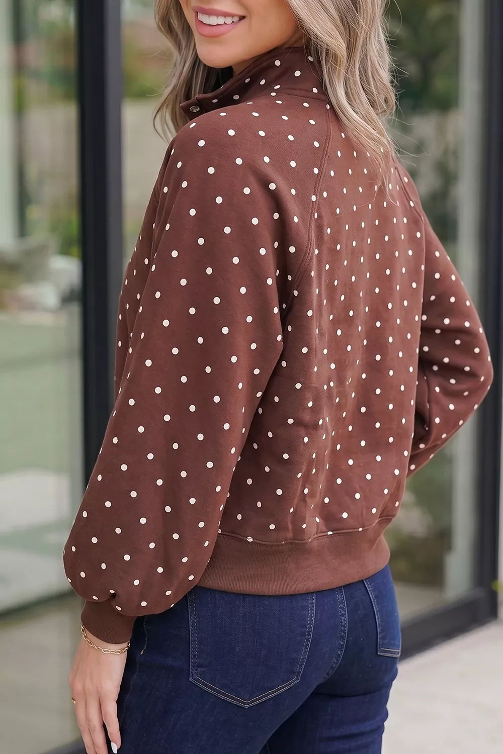 Polka Dot Print Metal Button Collar Casual Pullover Sweatshirt, image 7