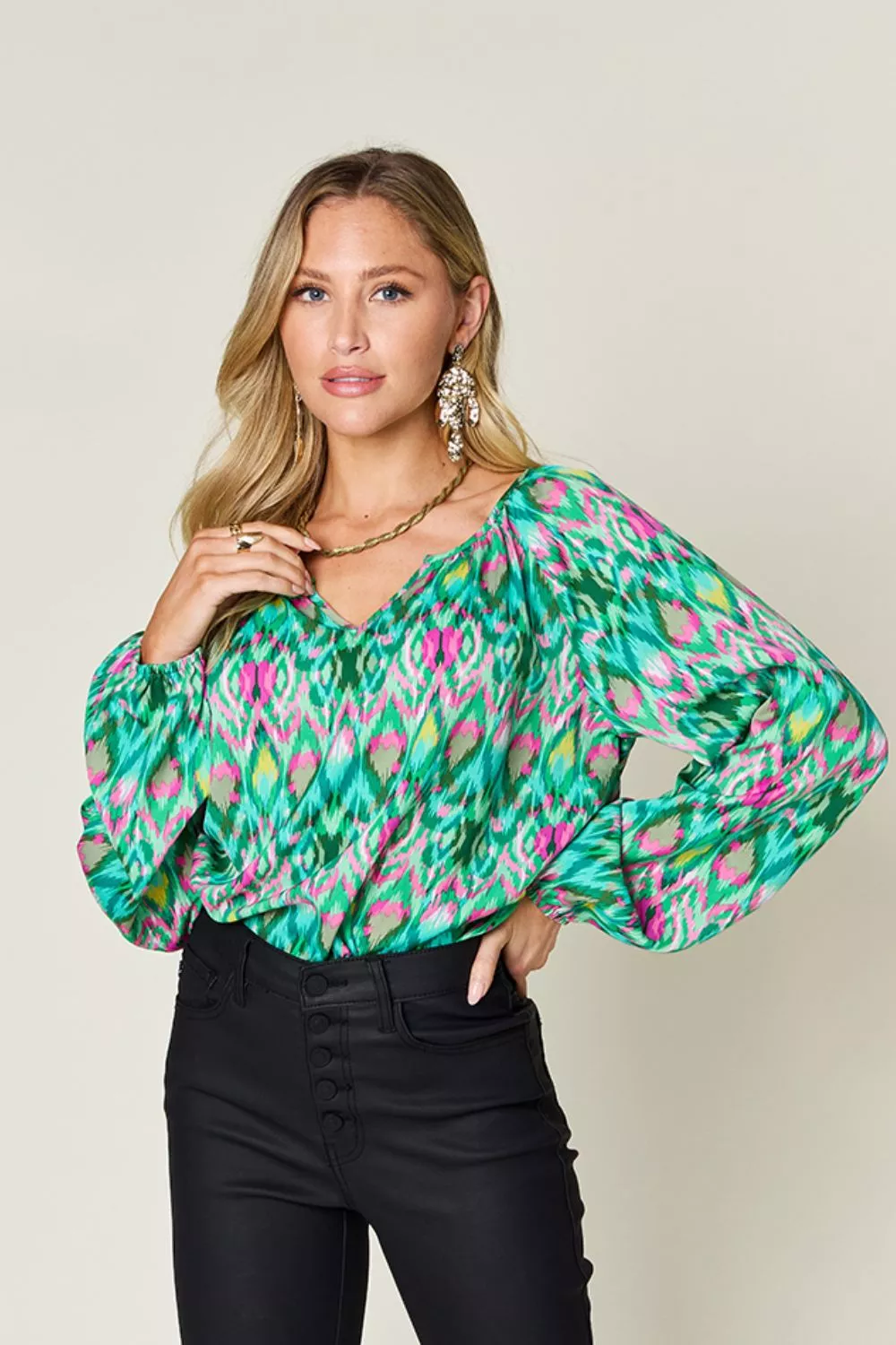 Full Size Printed Balloon Sleeve Blouse