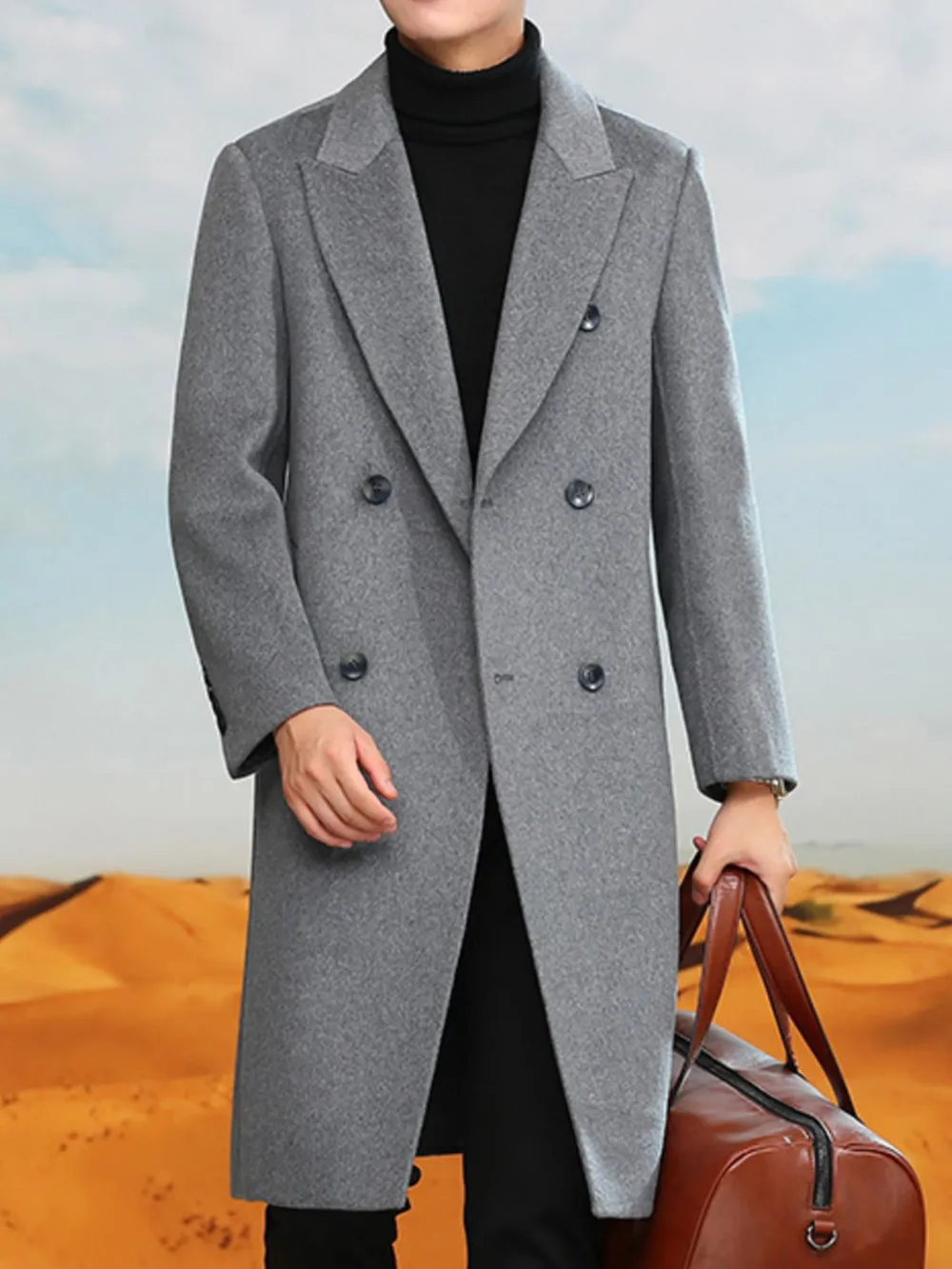 Men's Plus Size Double-Breasted Longline Coat, image 12