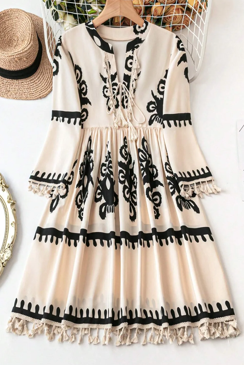 Tassel Printed Three-Quarter Sleeve Mini Dress, image 4