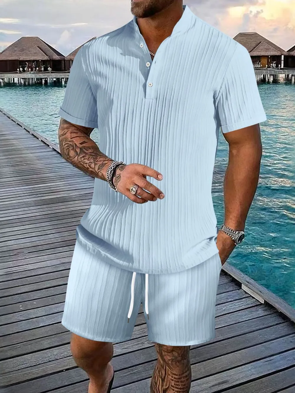 Men's Full Size Button Detail Short Sleeve Top and Shorts Set Plus Size, image 5