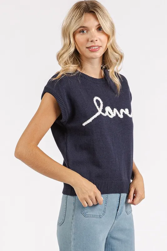 Contrast Letter Round Neck Cap Sleeve Knit Top, image 4