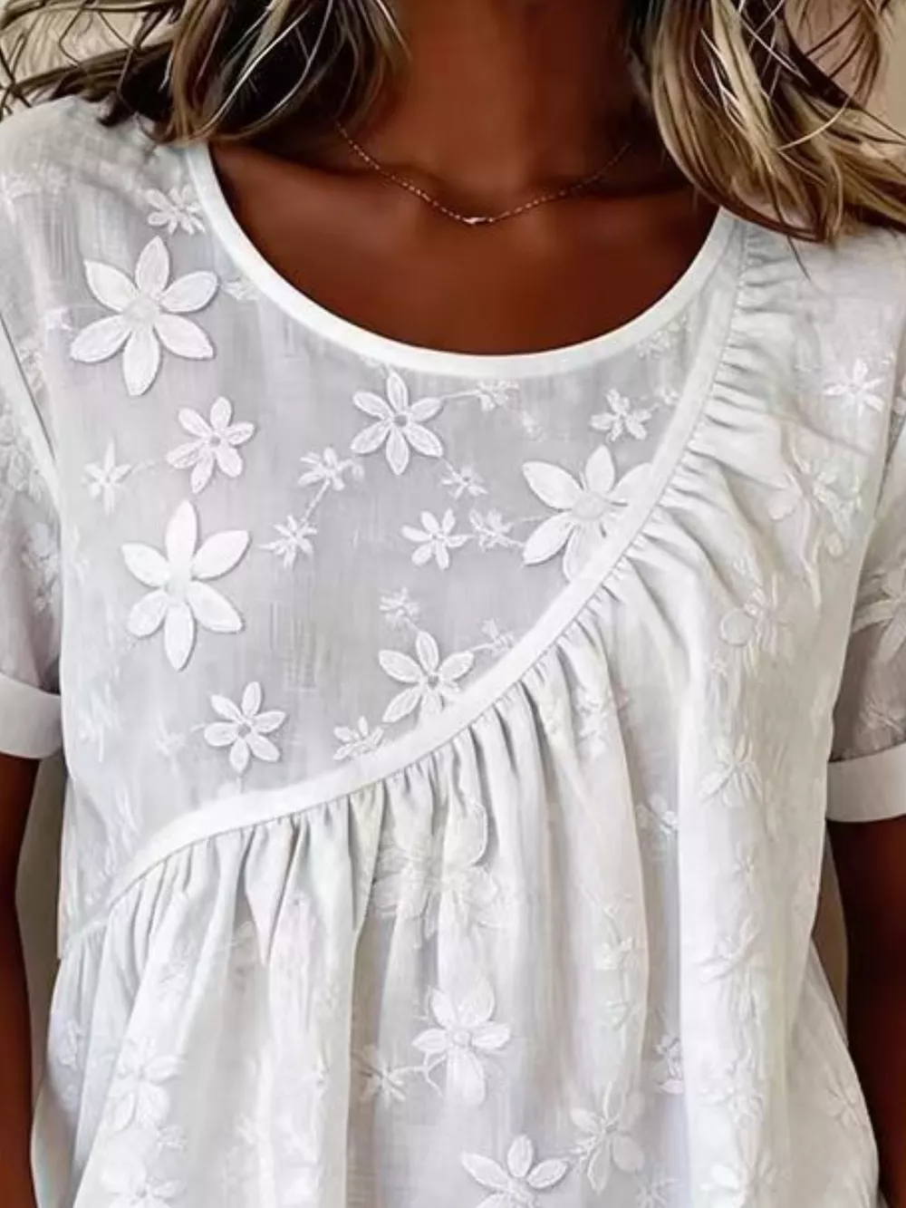 Full Size Floral Embroidered Round Neck Short Sleeve Top Plus Size, image 2