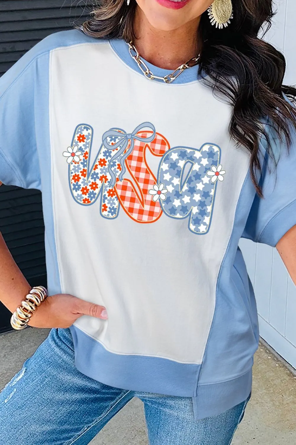 Star Plaid Flower USA Graphic Color Block Crewneck T Shirt, image 4