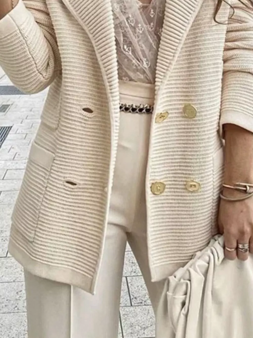 Texture Knit Double-Breasted Blazer, image 3
