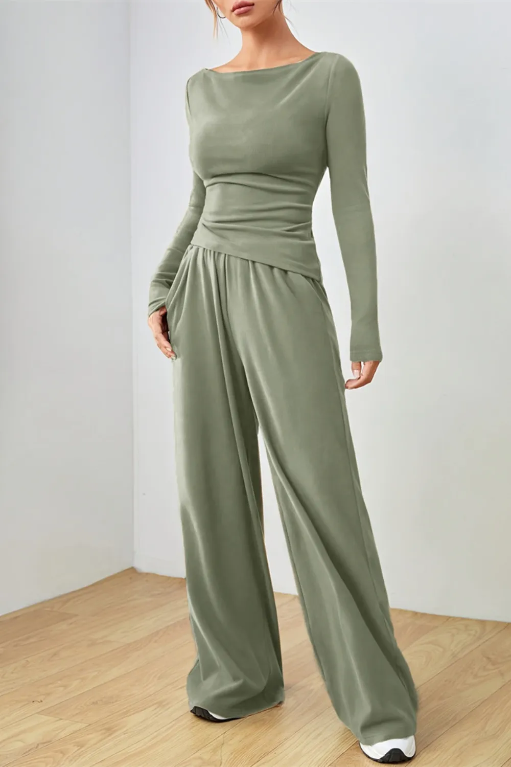 Boat Neck Long Sleeve Top and Pants Set, image 2
