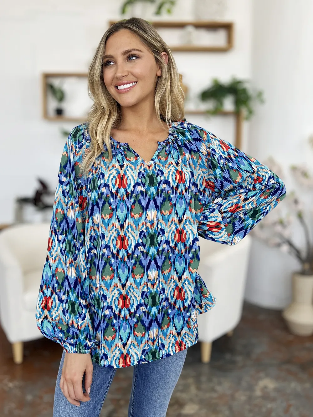 Full Size Printed Balloon Sleeve Blouse, image 16