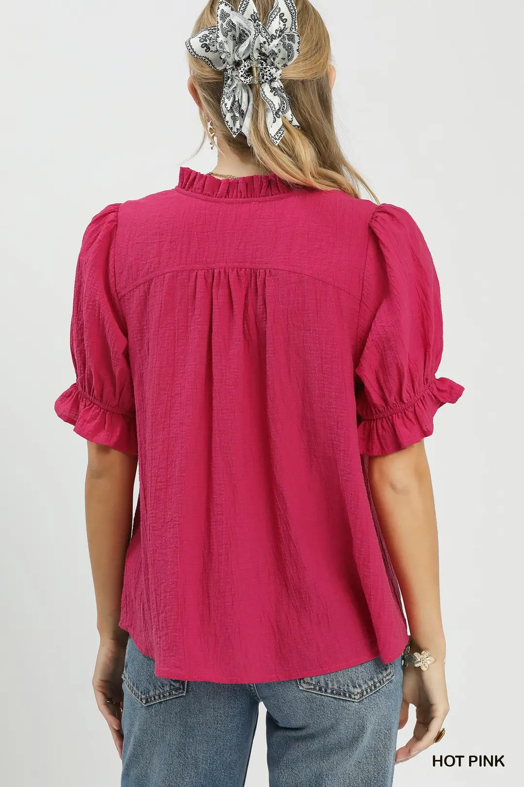 Textured Button-Front Puff Sleeve Top, image 3
