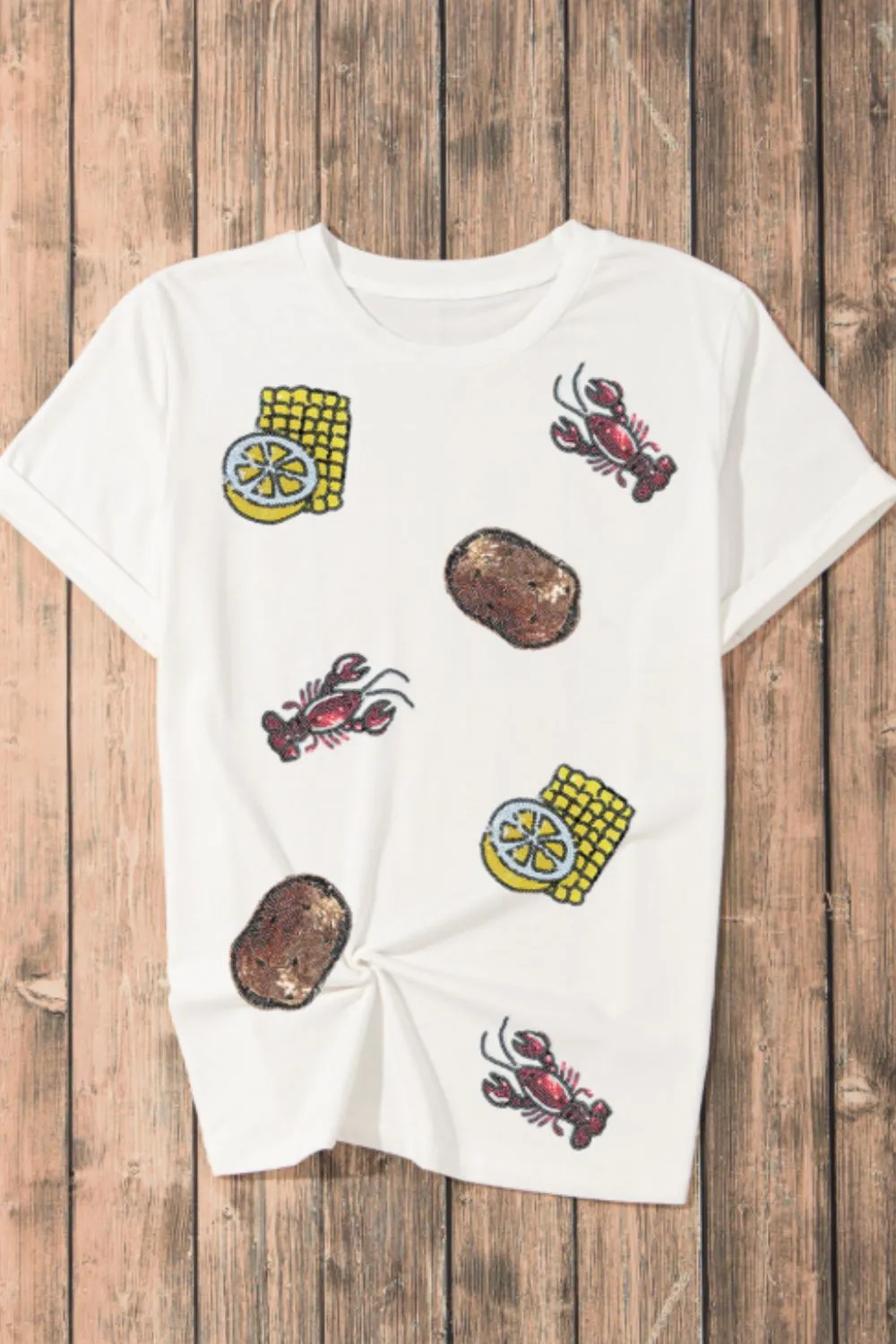 Sequin Crawfish Potato Round Neck Short Sleeve T-Shirt, image 4