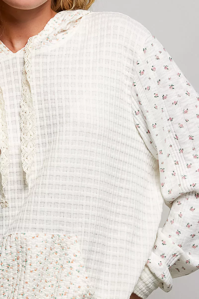 POL Mixed Knit Contrast Print Sleeve Hoodie with Kangaroo Pocket, image 6
