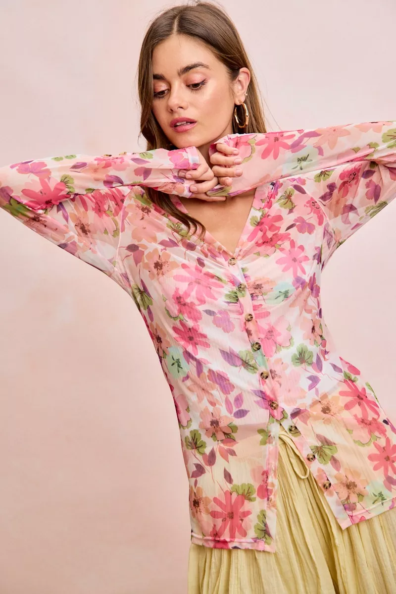 BiBi Floral Shrried Detail Button Up Mesh Cardigan Top, image 4