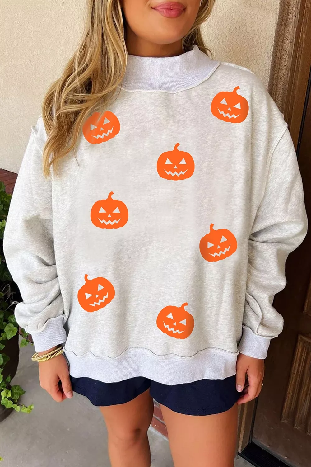 Halloween Pumpkin Face Print Mock Neck Reversible Sweatshirt, image 3