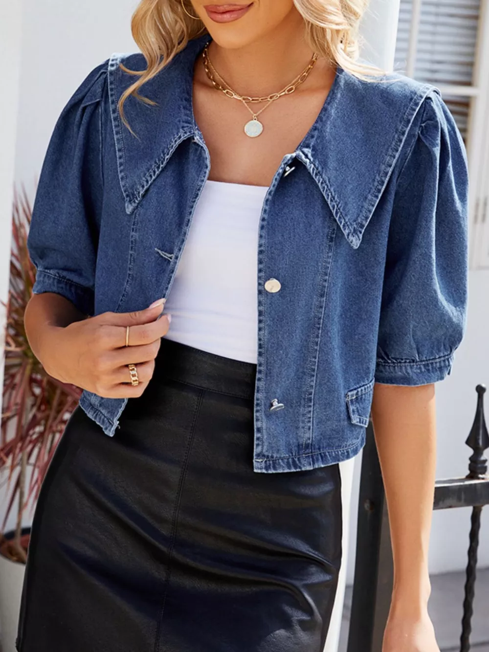 Button Up Puff Sleeve Denim Top, image 4