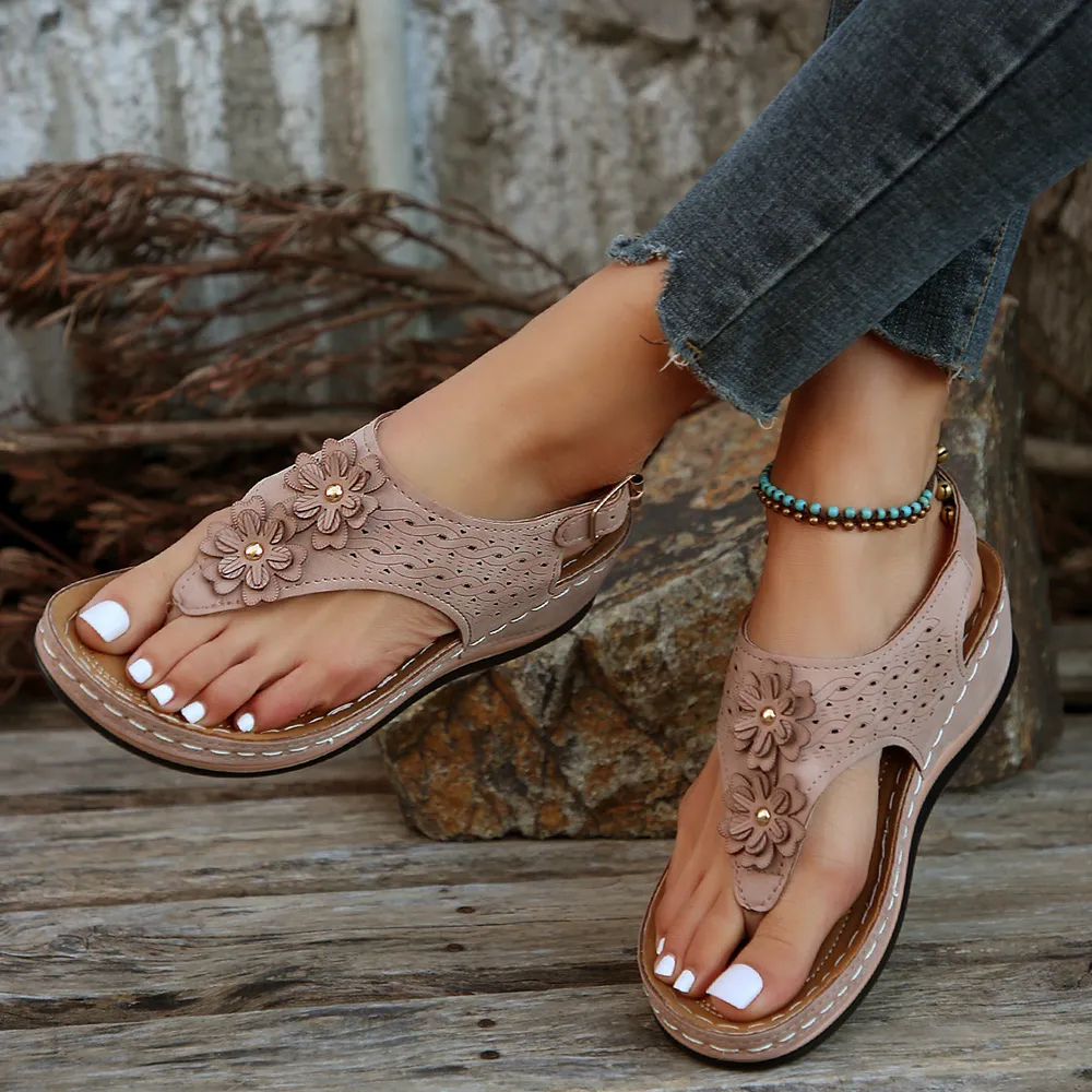 Toe Post Flower Detail Wedge Sandals, image 5