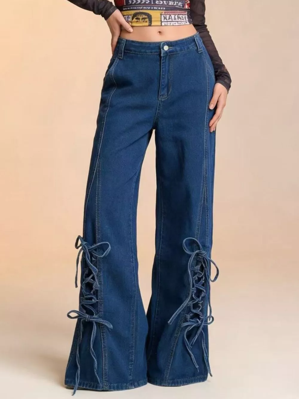 Lace-Up Wide Leg Jeans, image 4