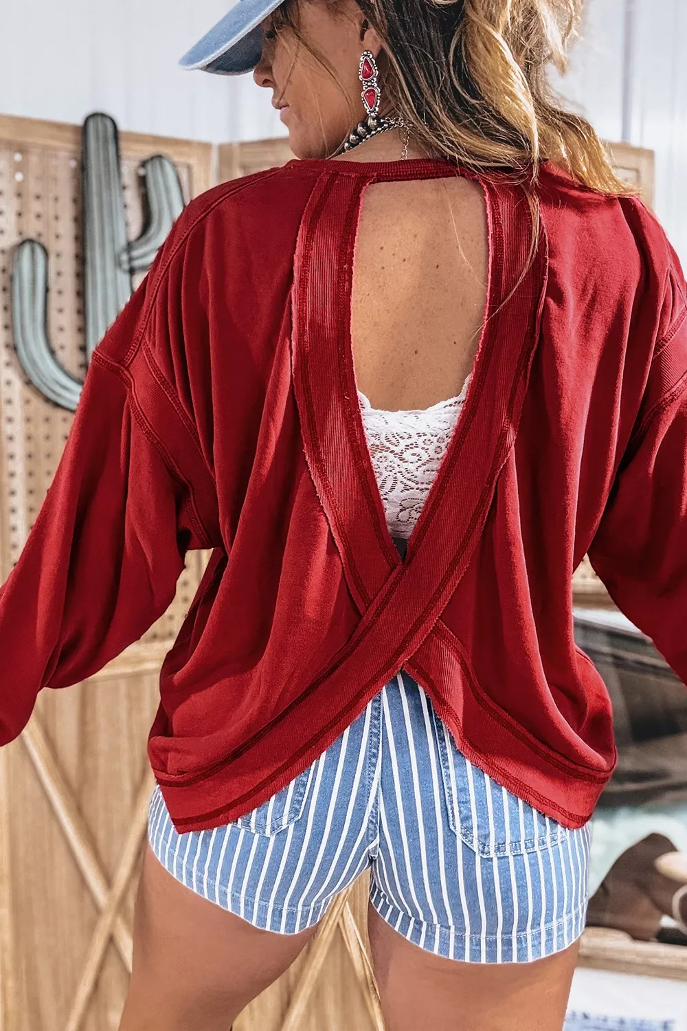 Ribbed Detail Drop Shoulder Cutout Back Sweatshirt, image 7