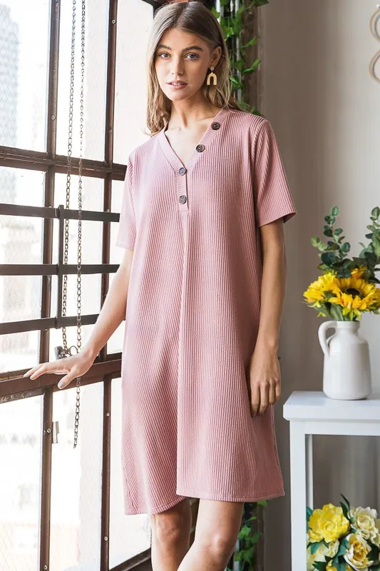 Full Size Solid Ribbed Mini Dress with Button Plus Size, image 6