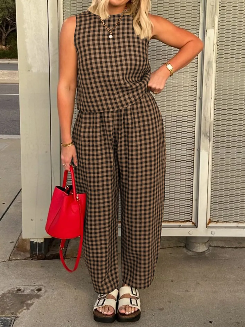 Plaid Round Neck Sleeveless Top and Pants Set, image 12