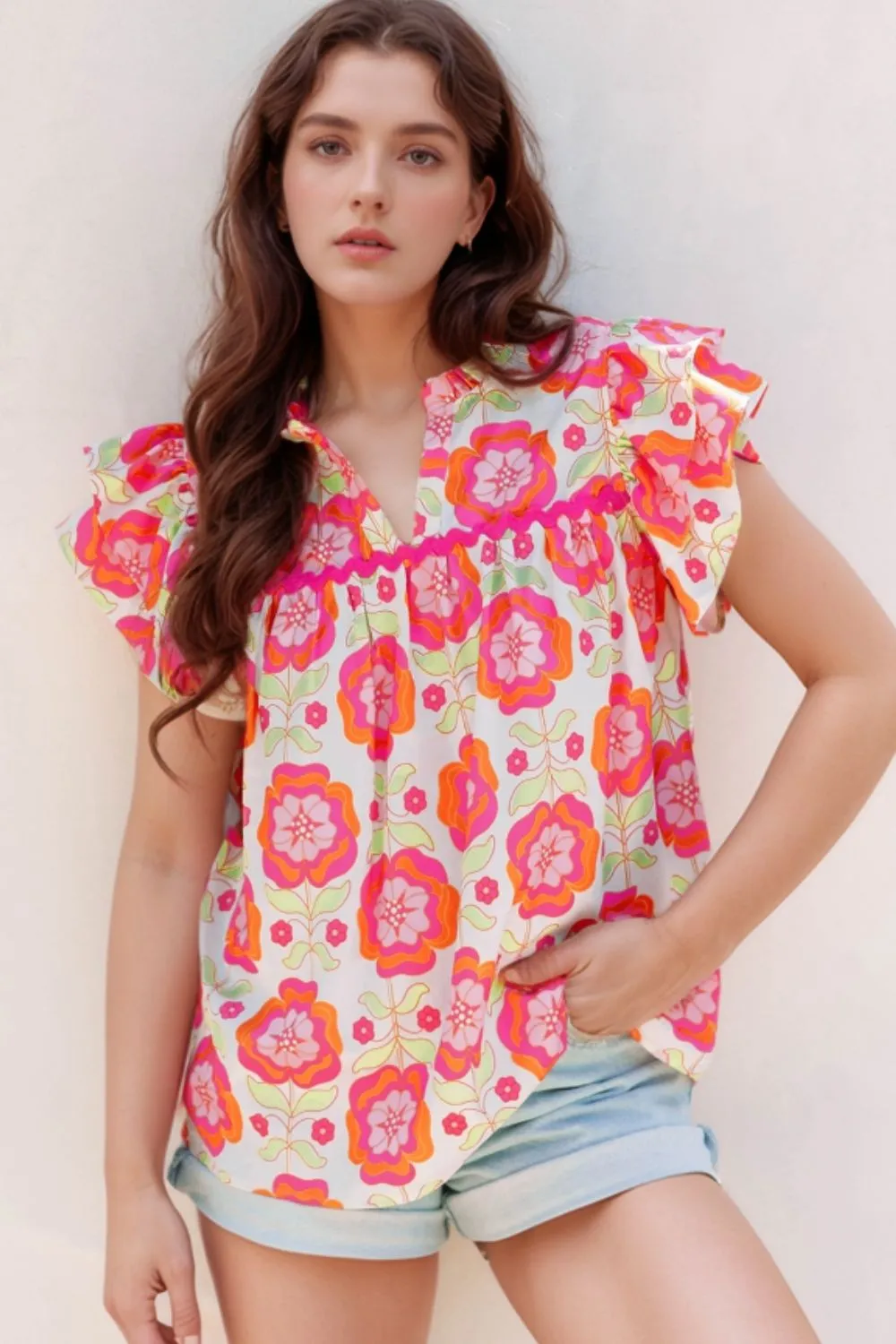 Floral Ruffled Sleeve Ric-Rac Trim Split Neck Loose Blouse, image 8