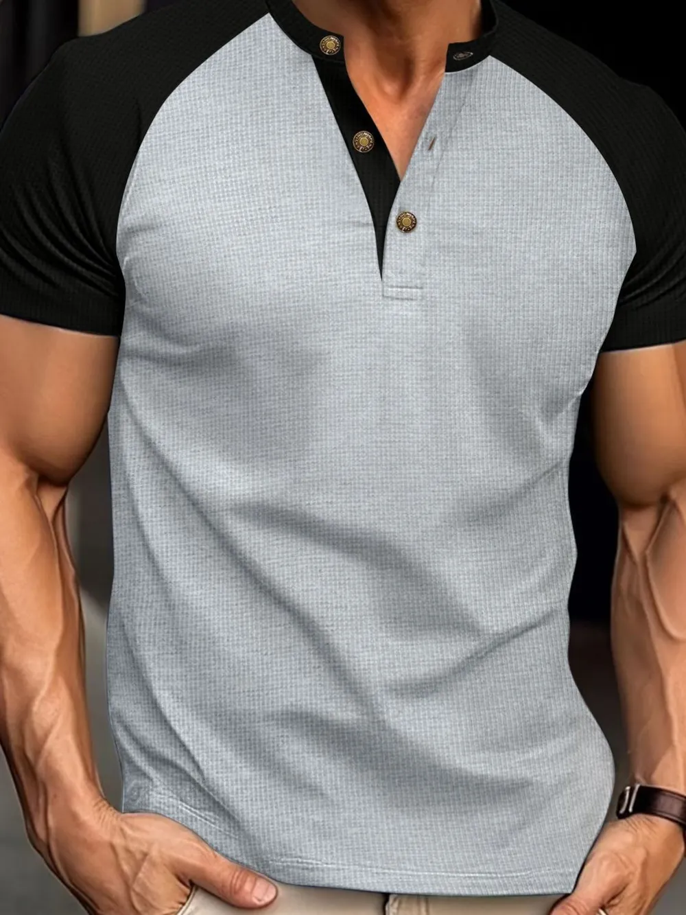 Men's Full Size Waffle-Knit Round Neck Contrast Polo Plus Size, image 3